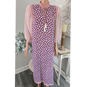 Vintage 70's-80's Diane Freis Red Blue Floral Puff Sleeve Tunic Dress